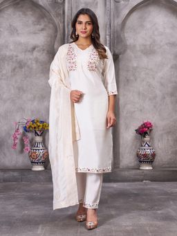 Ekta Textiles - Women White Viscose V-Neck Kurta with Pant and Dupatta