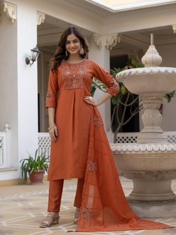 Ekta Textiles - Women Rust Viscose Round Neck Kurta with Pant and Dupatta