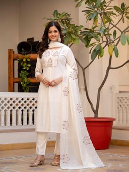 Ekta Textiles - Women White Viscose Round Neck Kurta with Pant and Dupatta