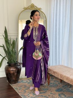Ekta Textiles - Women Purple Chanderi Silk Round Neck Kurta with Pant and Dupatta