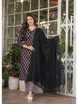 Ekta Textiles - Women Black Pure Cotton V-Neck Kurta with Pant and Dupatta