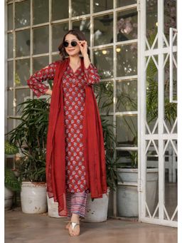 Ekta Textiles - Women Rust Pure Cotton V-Neck Kurta with Pant and Dupatta