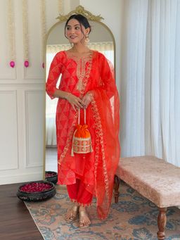 Ekta Textiles - Women Orange Crepe Round Neck Kurta with Pant and Dupatta