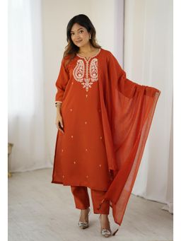 Ekta Textiles - Women Rust Chanderi Silk V-Neck Kurta with Pant and Dupatta