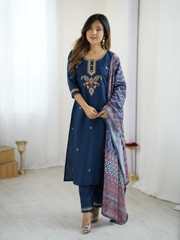 Ekta Textiles - Women Navy Blue Chanderi Silk Round Neck Kurta with Pant and Dupatta