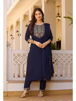 Ekta Textiles - Women Navy Blue Rayon Round Neck Kurta with Pant and Dupatta
