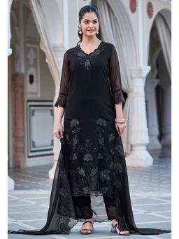 Ekta Textiles - Women Black Georgette V-Neck Kurta with Pant and Dupatta