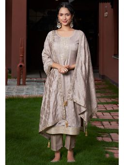 Ekta Textiles - Women Beige Silk Blend Round Neck Kurta with Pant and Dupatta