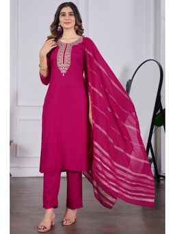 Ekta Textiles - Women Pink Rayon Slub Round Neck Kurta with Pant and Dupatta