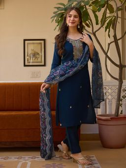 Ekta Textiles - Women Blue Silk Blend Round Neck Kurta with Pant and Dupatta