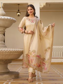 Ekta Textiles - Women Cream Silk Blend Round Neck Kurta with Pant and Dupatta