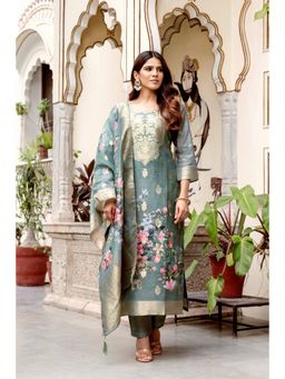 Ekta Textiles - Women Grey Silk Blend Round Neck Kurta with Pant and Dupatta