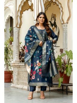 Ekta Textiles - Women Navy Blue Silk Blend Round Neck Kurta with Pant and Dupatta