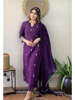 Ekta Textiles - Women Purple Rayon Slub V-Neck Kurta with Pant and Dupatta