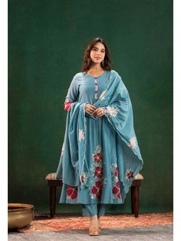Ekta Textiles - Women Turquoise Chanderi Silk Round Neck Kurta with Pant and Dupatta