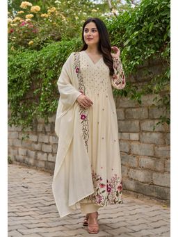 Ekta Textiles - Women Cream Chanderi Silk V-Neck Kurta with Pant and Dupatta
