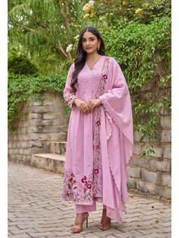 Ekta Textiles - Women Pink Chanderi Silk V-Neck Kurta with Pant and Dupatta