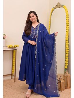 Ekta Textiles - Women Blue Chanderi Silk V-Neck Kurta with Pant and Dupatta