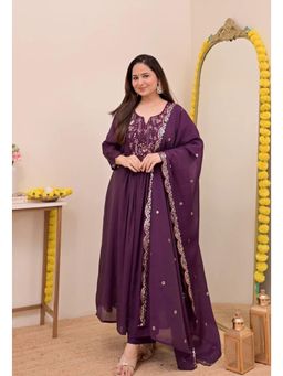 Ekta Textiles - Women Wine Chanderi Silk V-Neck Kurta with Pant and Dupatta