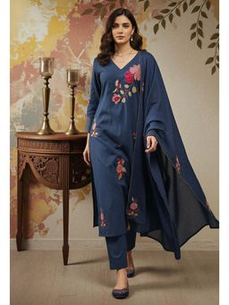 Ekta Textiles - Women Blue Chanderi Silk V-Neck Kurta with Pant and Dupatta