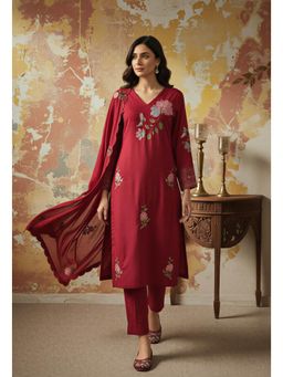 Ekta Textiles - Women Wine Chanderi Silk V-Neck Kurta with Pant and Dupatta
