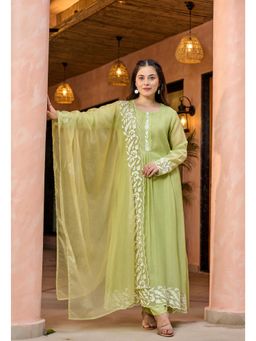Ekta Textiles - Women Green Chanderi Silk Round Neck Kurta with Pant and Dupatta