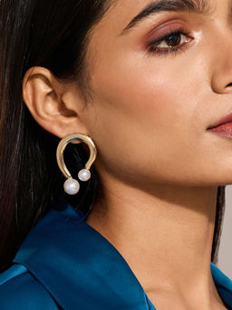 Pipa Bella by Nykaa Fashion - Gold Inverted U Pearl Bead Drop Earrings