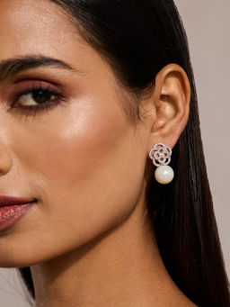 Pipa Bella by Nykaa Fashion - Silver and White Diamante Embellished Flower Motif Pearl Drop Earrings