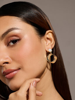 Pipa Bella by Nykaa Fashion - Gold and White Pearl Bead Asymmetric Metal Drop Earrings