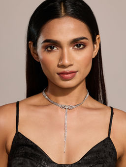 Pipa Bella by Nykaa Fashion - Silver Diamante Embellished Bow Fringed Choker Necklace