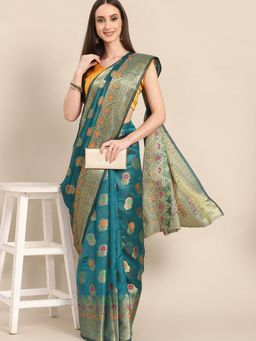 Odette - Teal Woven Organza Saree with Unstitched Blouse