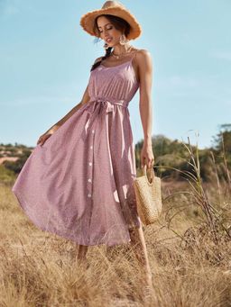 Outzidr - Pink Ditsy Floral Print Dress With Belt (Set of 2)