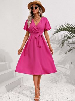 Outzidr - Pink Wrap Vacay Dress Flared Vacay Dress