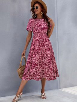 Outzidr - Pink Ditsy Print Waist Seam Fit And Flare Street Style Dress