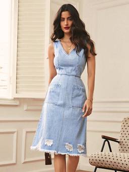 Outzidr - Solid DenimBlue Freyed Denim Party Dress