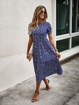 Outzidr - Navy Blue Ditsy Print Midi Street Style Dress