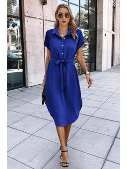 Outzidr - Blue Vacay Shirt Dress With Waist Tie Up Detail
