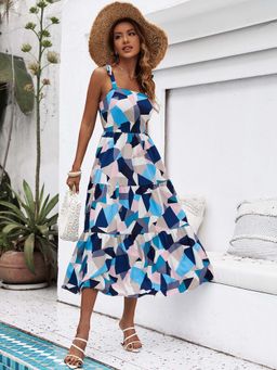 Outzidr - Blue Abstract Printed Midi Dress