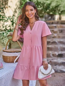 Outzidr - Pink V Neck Tiered Vacay Shirt Dress