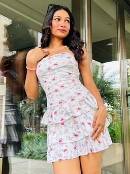 Outzidr - White Floral Printed Tube Tiered Mini Vacay Dress