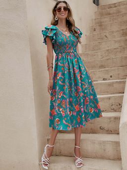 Outzidr - Blue All Over Print Fit And Flare Midi Street Style Dress