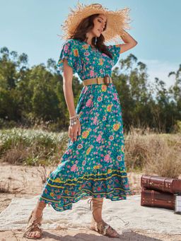 Outzidr - Blue Floral Print Maxi Vacay Dress
