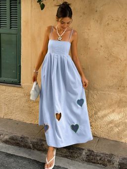 Outzidr - Blue Off Shoulder Heart Printed Smocking Vacay Dress
