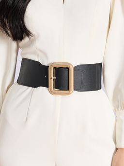 Twenty Dresses by Nykaa Fashion - Women's Black Broad Gold Matte Buckle Elasticated Waist Belt
