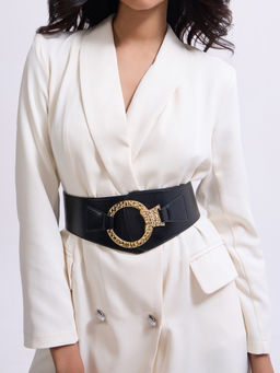 Twenty Dresses by Nykaa Fashion - Women's Black Broad Circular Gold Buckle Elasticated Waist Belt