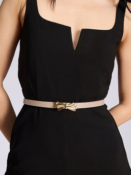 Twenty Dresses by Nykaa Fashion - Women's Beige Slim Gold Bow Buckle Waist Belt