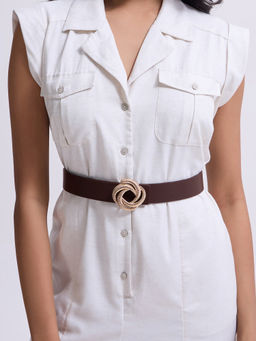Twenty Dresses by Nykaa Fashion - Women's Coffee Brown Self Textured Floral Buckle Waist Belt