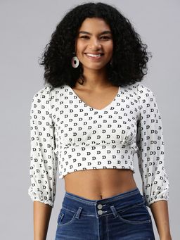 SHOWOFF - Women V-Neck Balloon Sleeves Printed White Crop Top