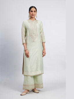 Sheetal Batra - Aadah- Mint Green Embroidered Princess-Cut Kurta and Palazzo with Dupatta