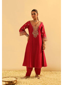 Sheetal Batra - Alima - Red Long A-Line Choga Kurta with Salwar and Dupatta